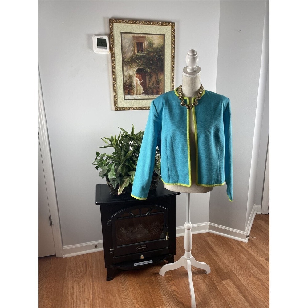 Bob Mackie Women 14 Blue Collarless Open Jacket Padded Shoulder Long Sleeve